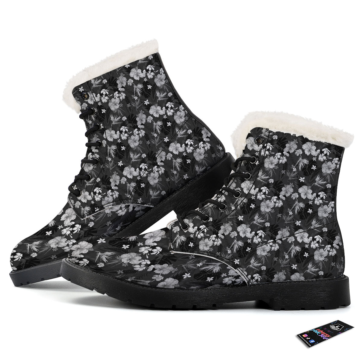 Plumeria Monochrome Print Pattern Winter Boots-grizzshop