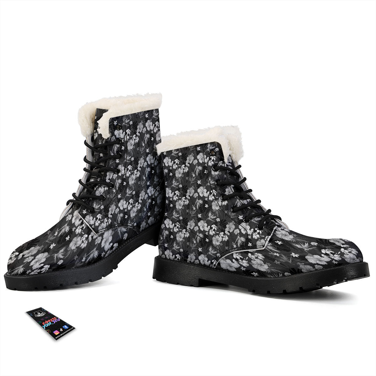 Plumeria Monochrome Print Pattern Winter Boots-grizzshop