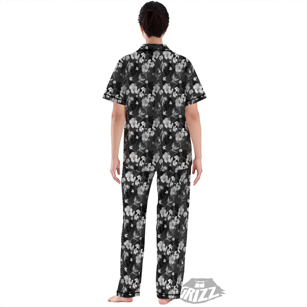 Plumeria Monochrome Print Pattern Women's Pajamas Set-grizzshop
