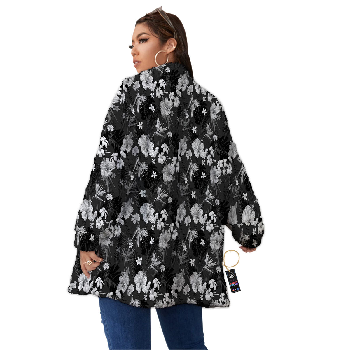 Plumeria Monochrome Print Pattern Women's Sherpa Jacket-grizzshop