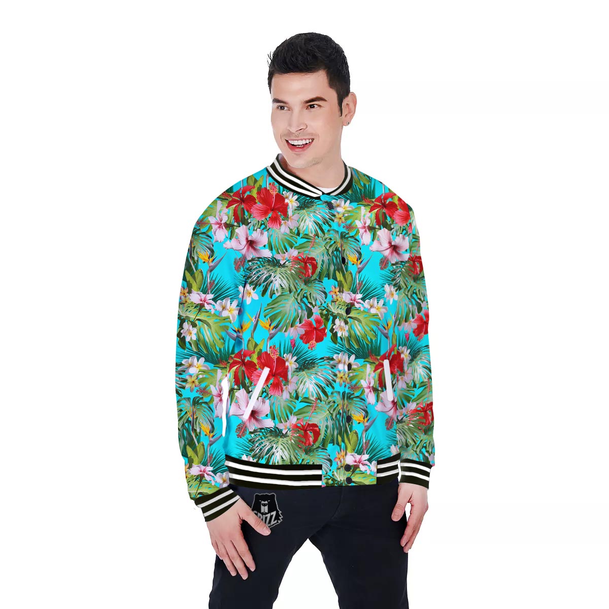Plumeria Red Hibiscus Print Pattern Baseball Jacket-grizzshop