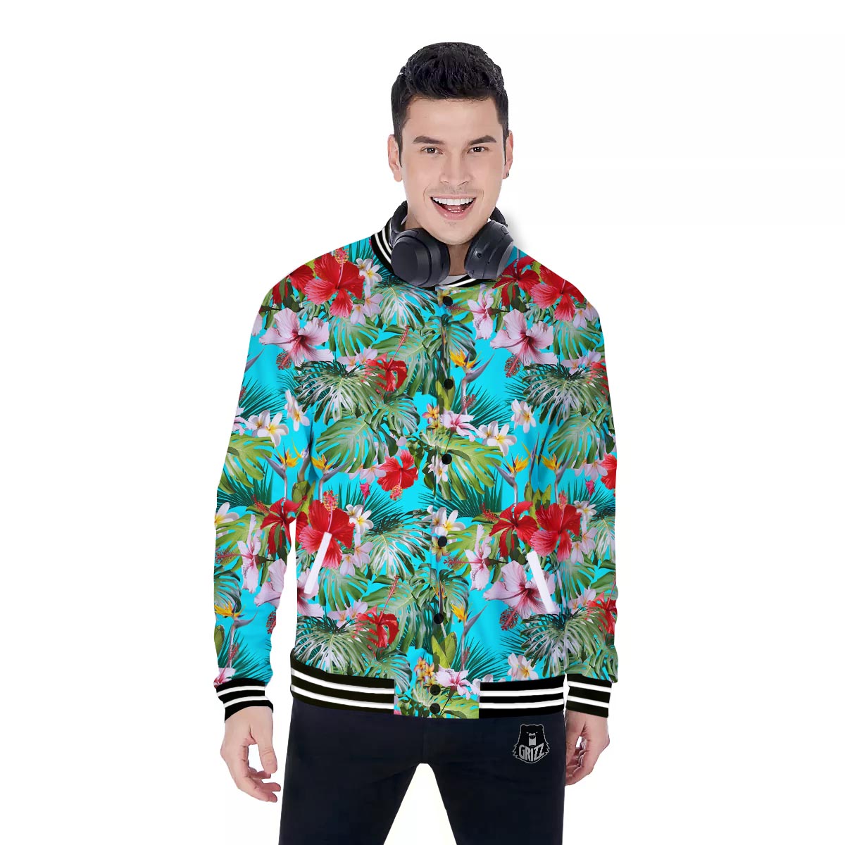Plumeria Red Hibiscus Print Pattern Baseball Jacket-grizzshop