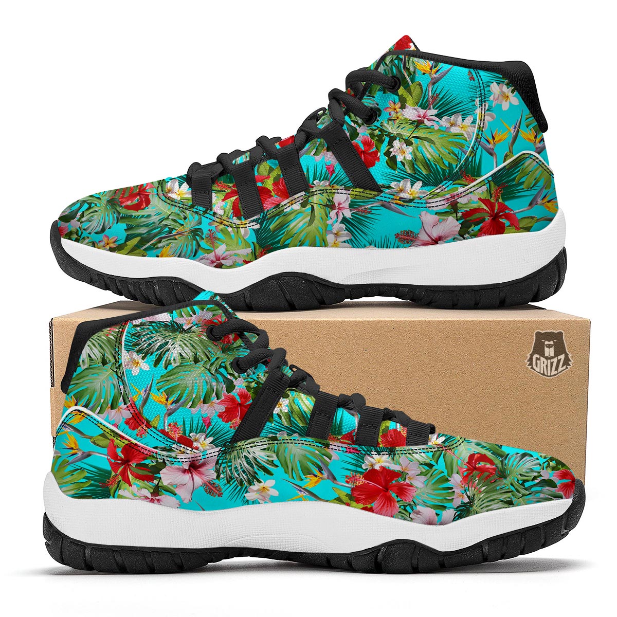 Plumeria Red Hibiscus Print Pattern Black Bball Shoes-grizzshop