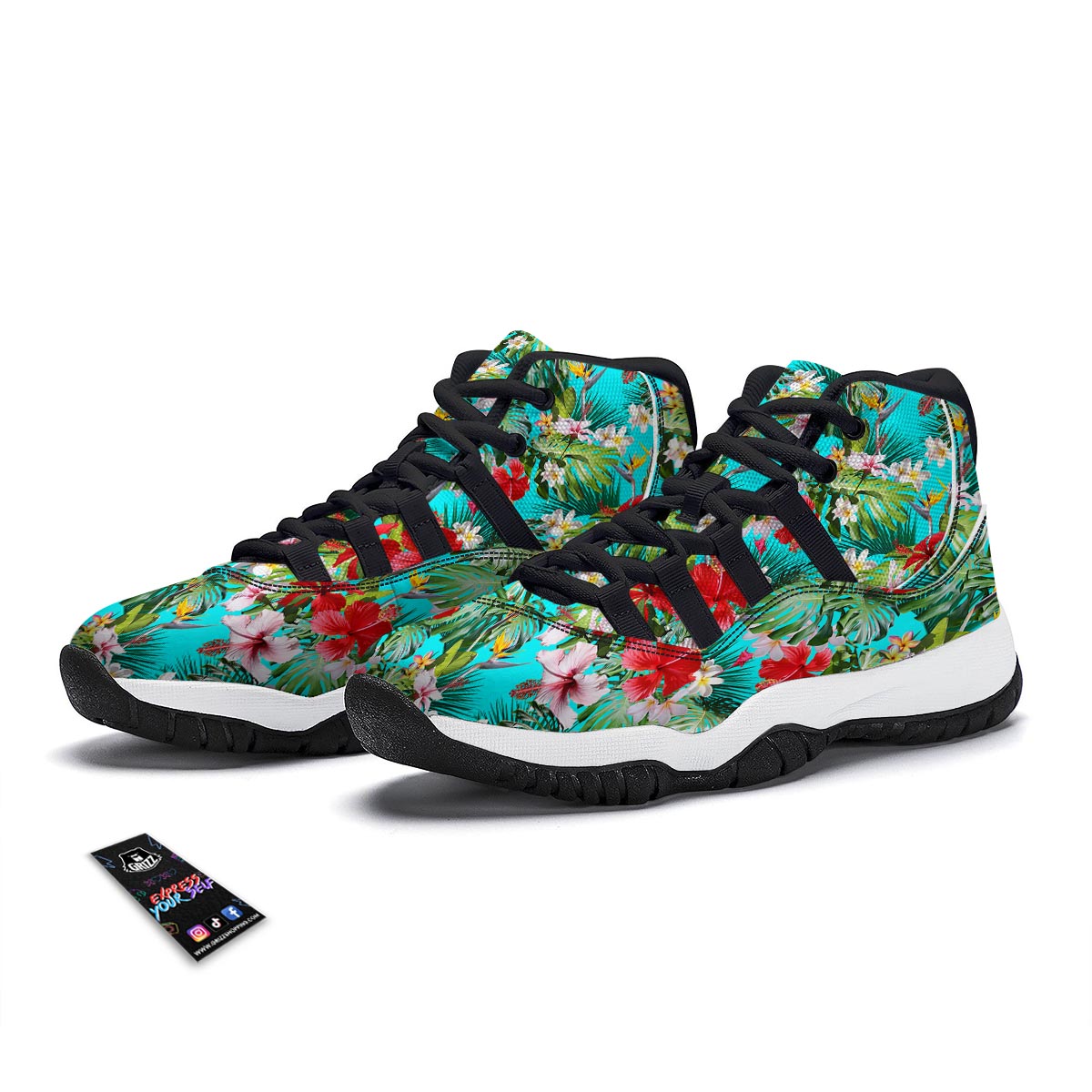 Plumeria Red Hibiscus Print Pattern Black Bball Shoes-grizzshop