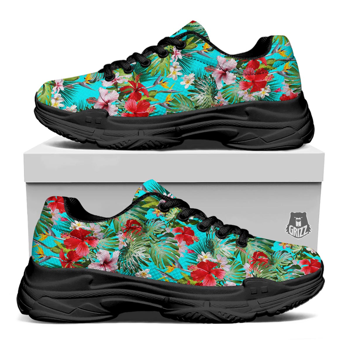 Plumeria Red Hibiscus Print Pattern Black Chunky Shoes-grizzshop