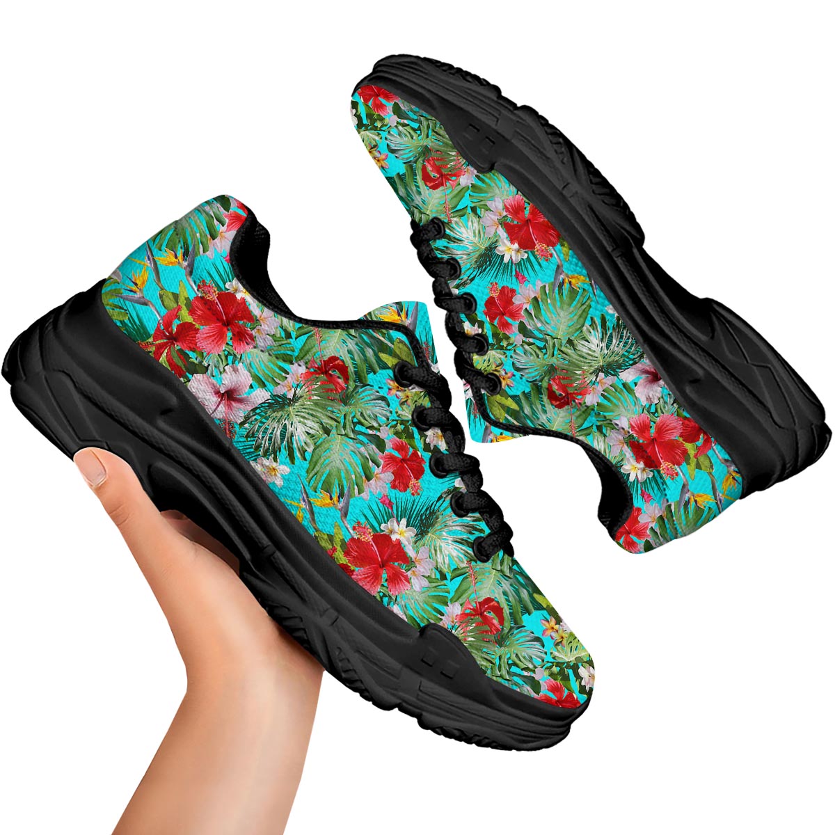 Plumeria Red Hibiscus Print Pattern Black Chunky Shoes-grizzshop
