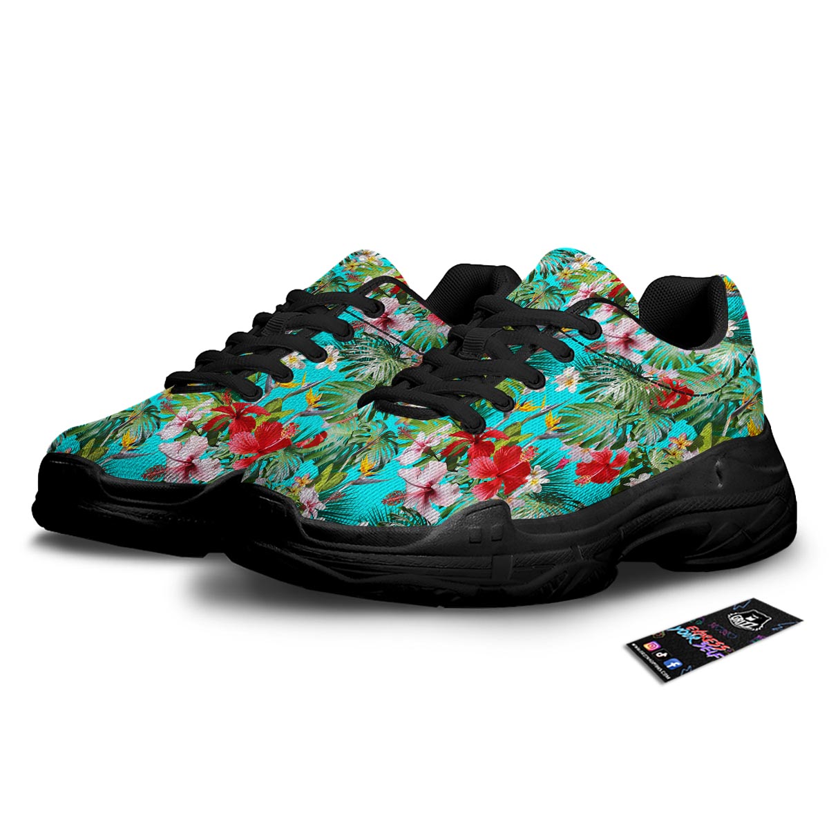 Plumeria Red Hibiscus Print Pattern Black Chunky Shoes-grizzshop