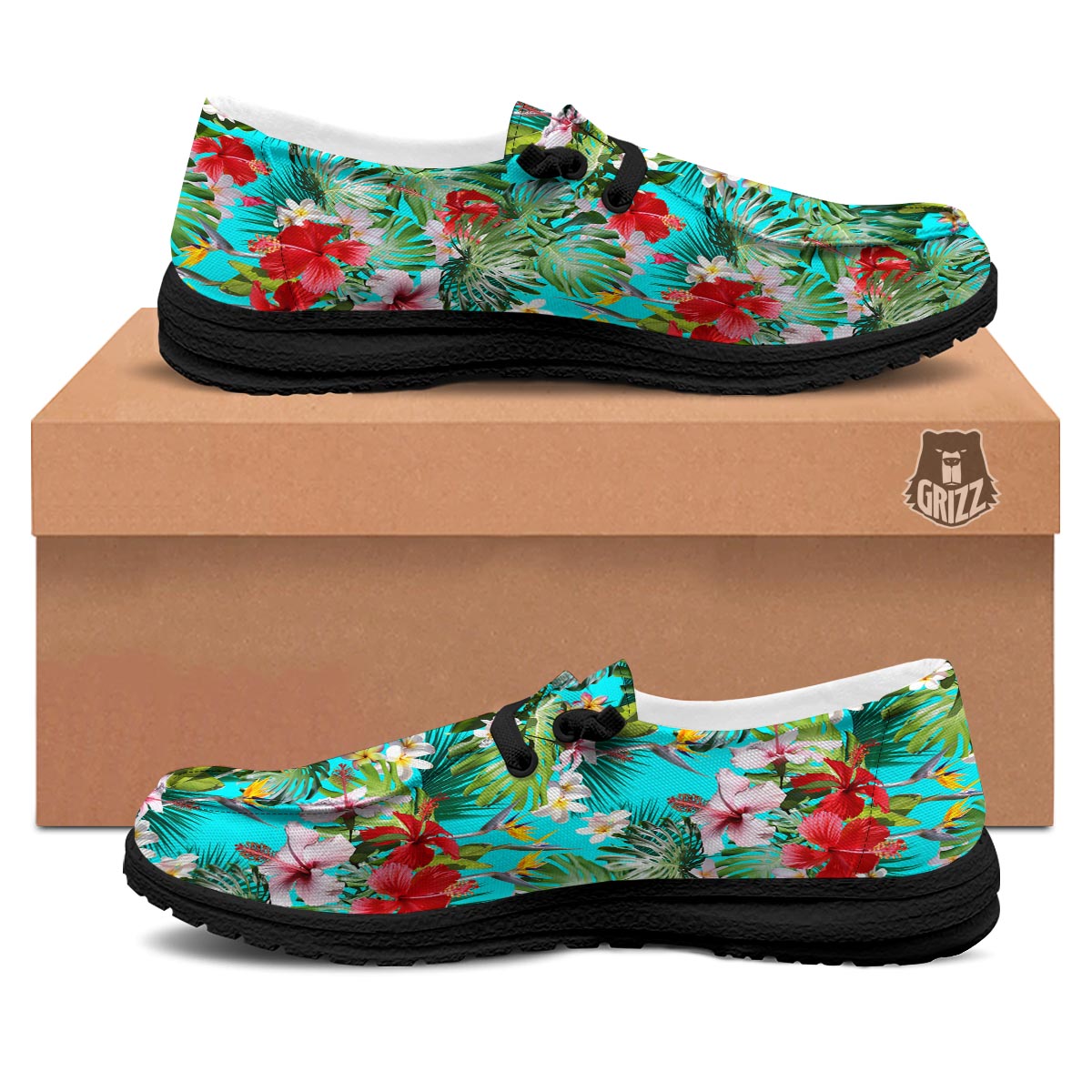 Plumeria Red Hibiscus Print Pattern Black Loafers-grizzshop