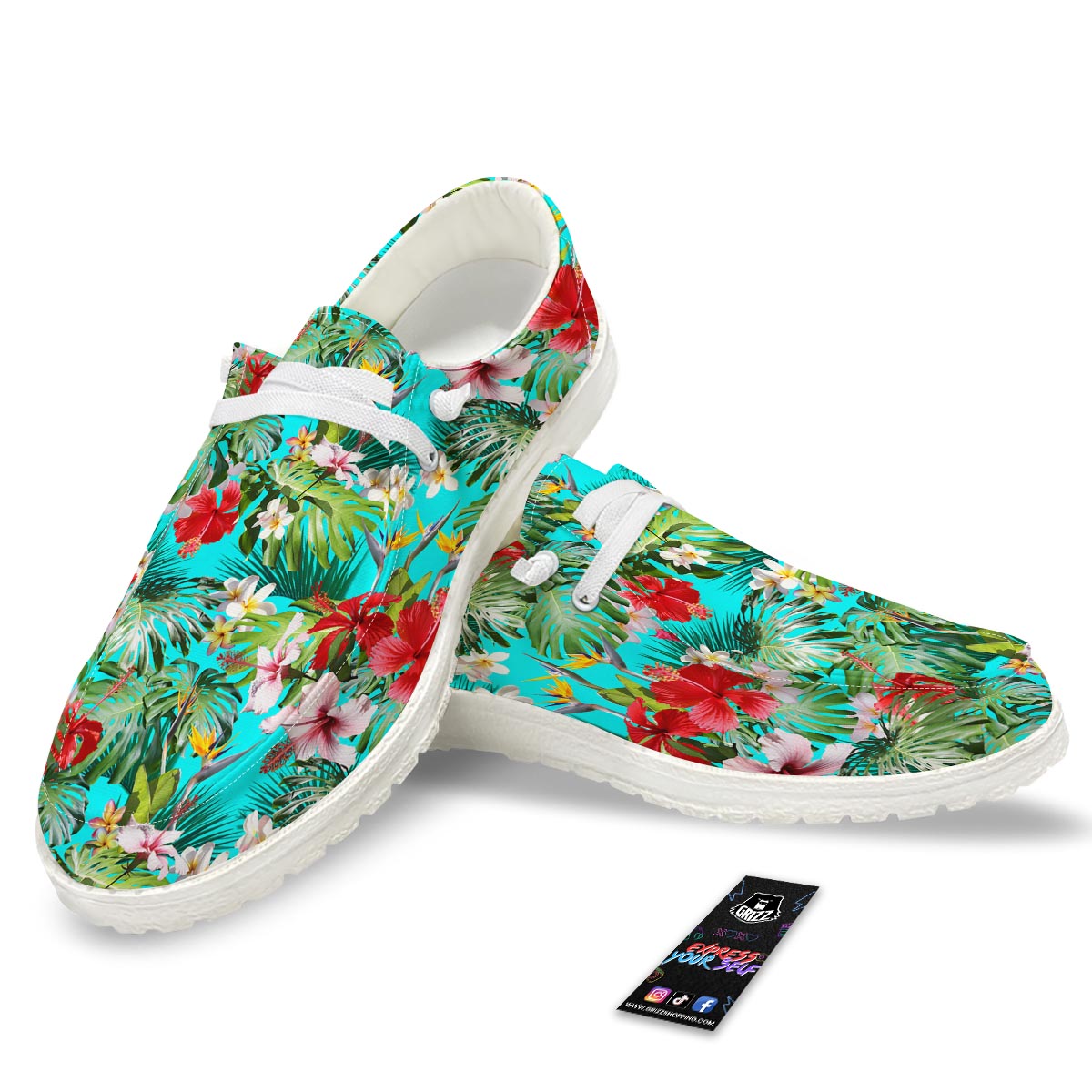 Plumeria Red Hibiscus Print Pattern Black Loafers-grizzshop