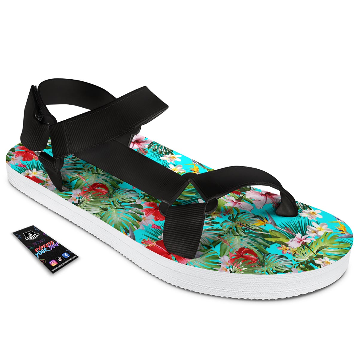 Plumeria Red Hibiscus Print Pattern Black Open Toe Sandals-grizzshop