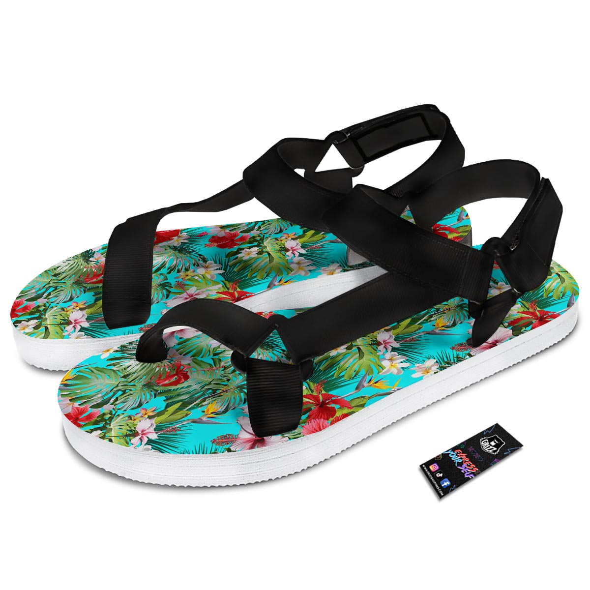 Plumeria Red Hibiscus Print Pattern Black Open Toe Sandals-grizzshop