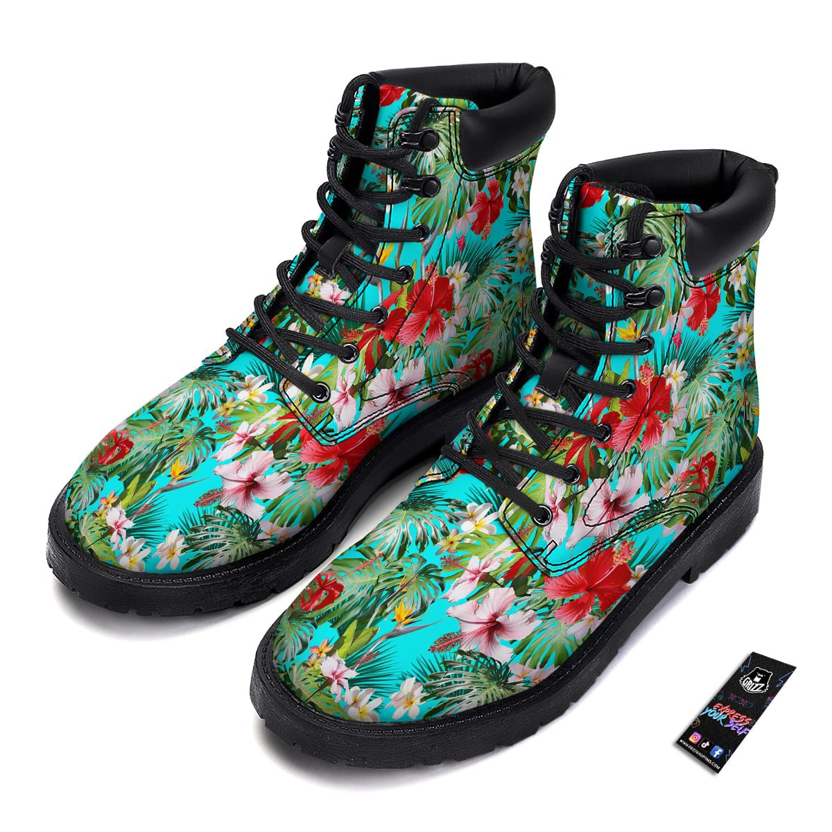 Plumeria Red Hibiscus Print Pattern Boots-grizzshop