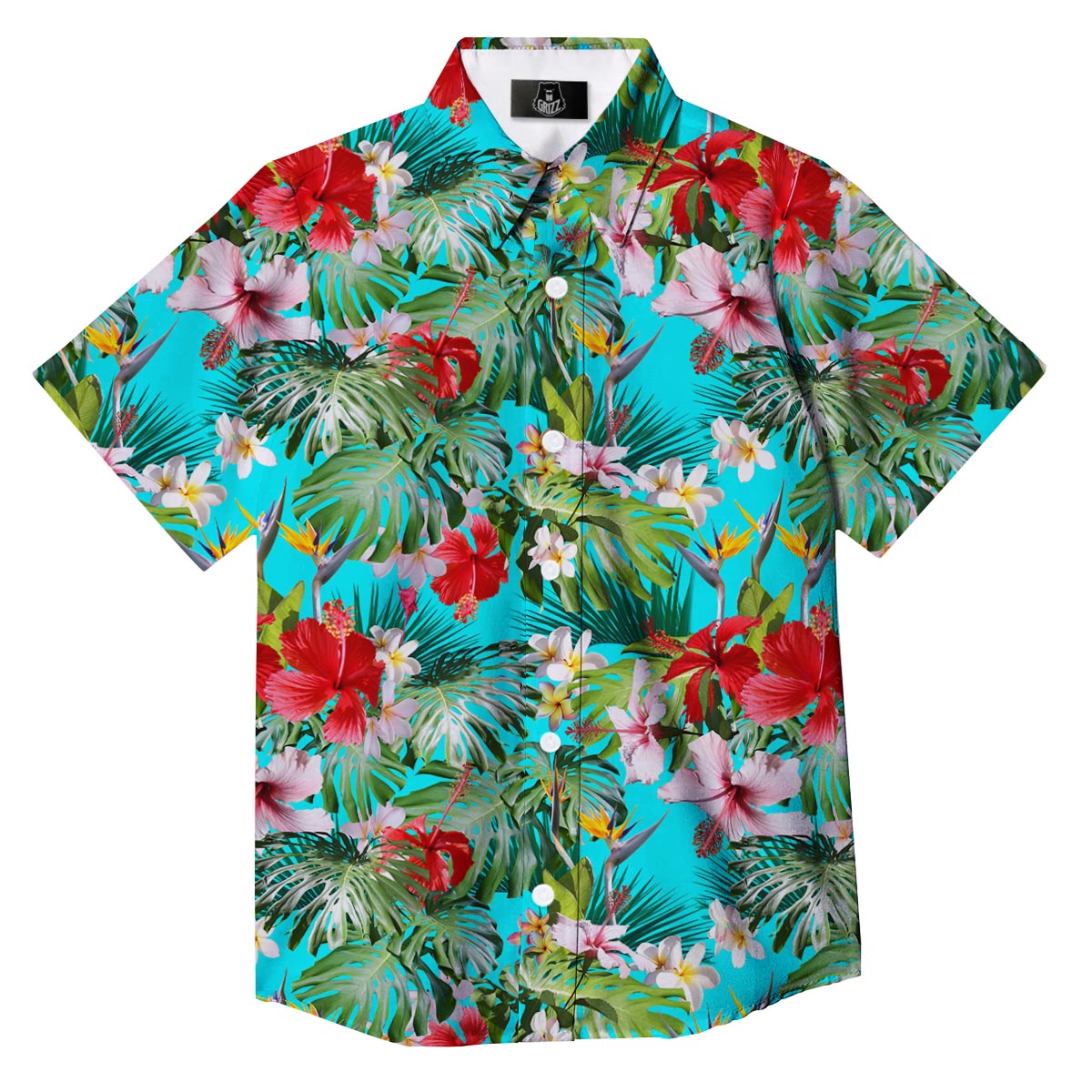 Plumeria Red Hibiscus Print Pattern Button Up Shirt-grizzshop