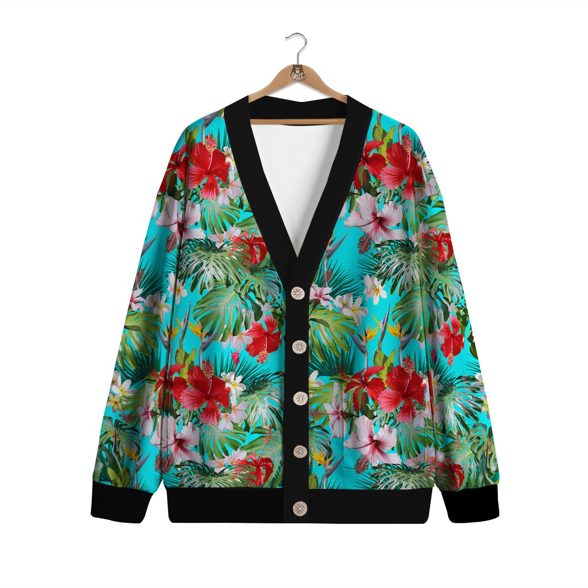Plumeria Red Hibiscus Print Pattern Cardigan-grizzshop