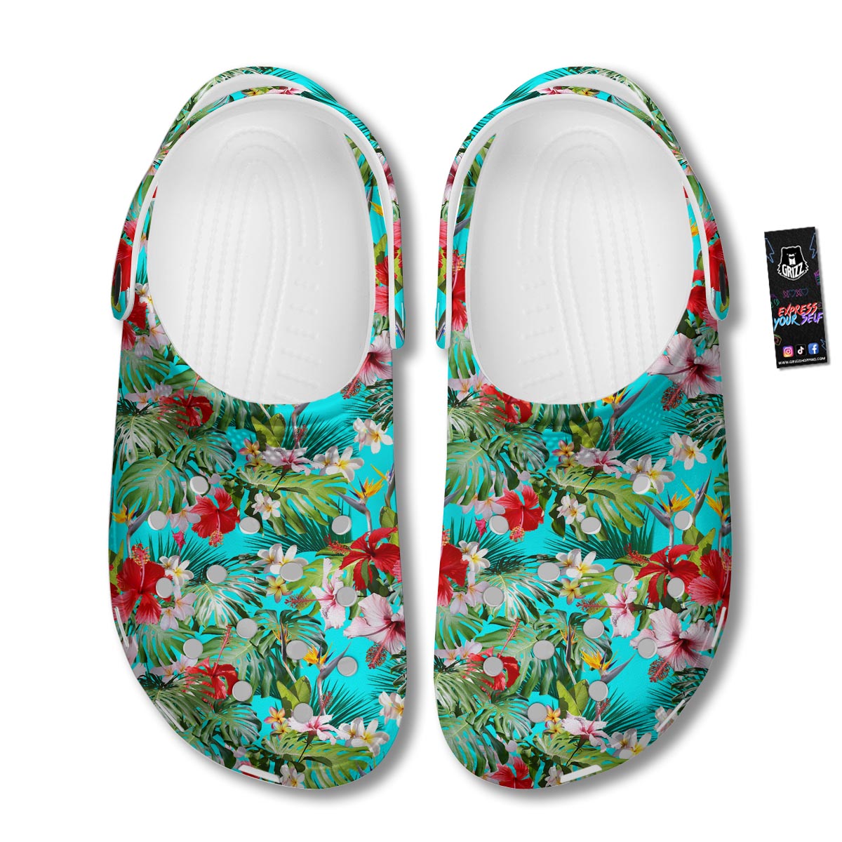 Plumeria Red Hibiscus Print Pattern Clog-grizzshop