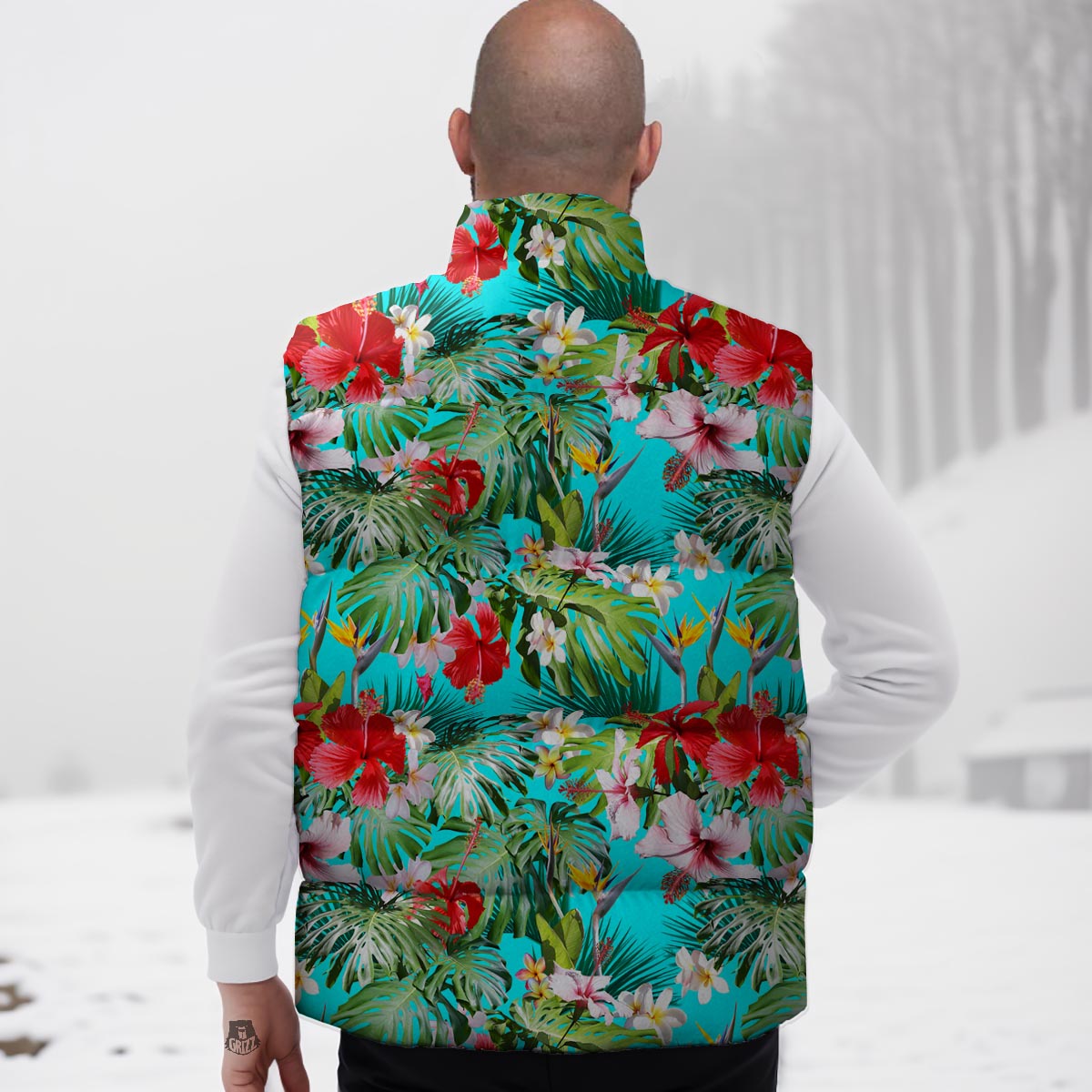 Plumeria Red Hibiscus Print Pattern Down Vest
