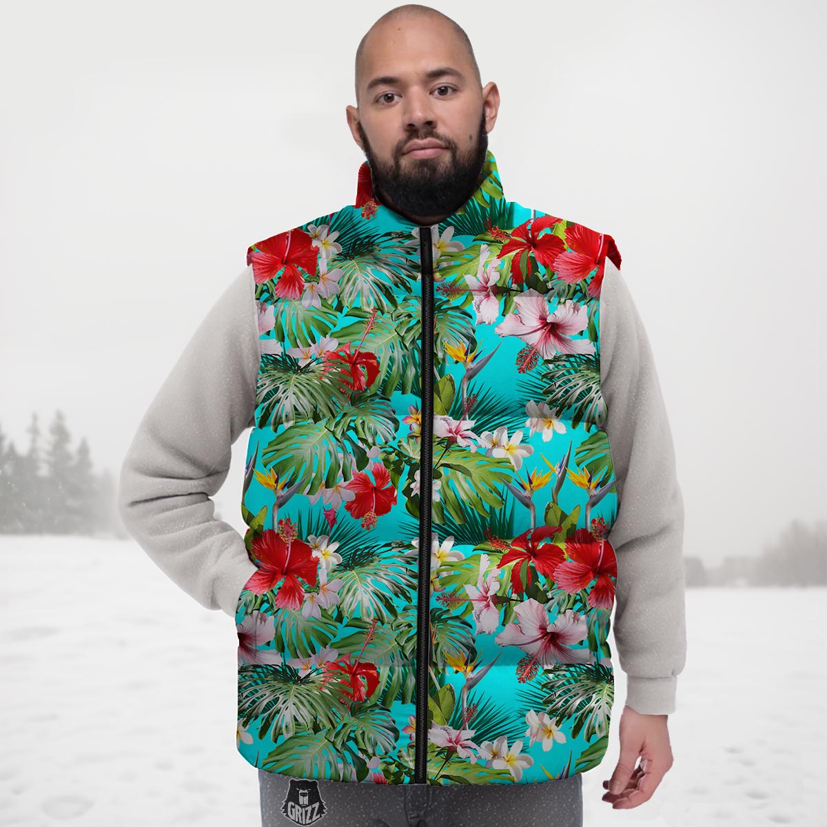Plumeria Red Hibiscus Print Pattern Down Vest