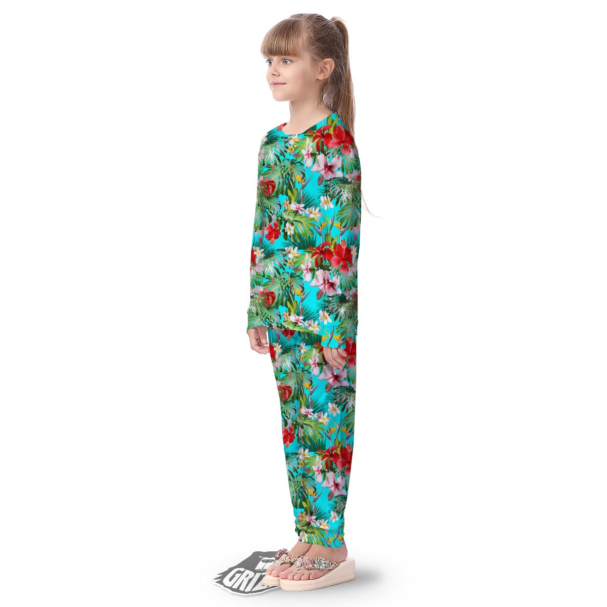 Plumeria Red Hibiscus Print Pattern Kid's Pajamas-grizzshop