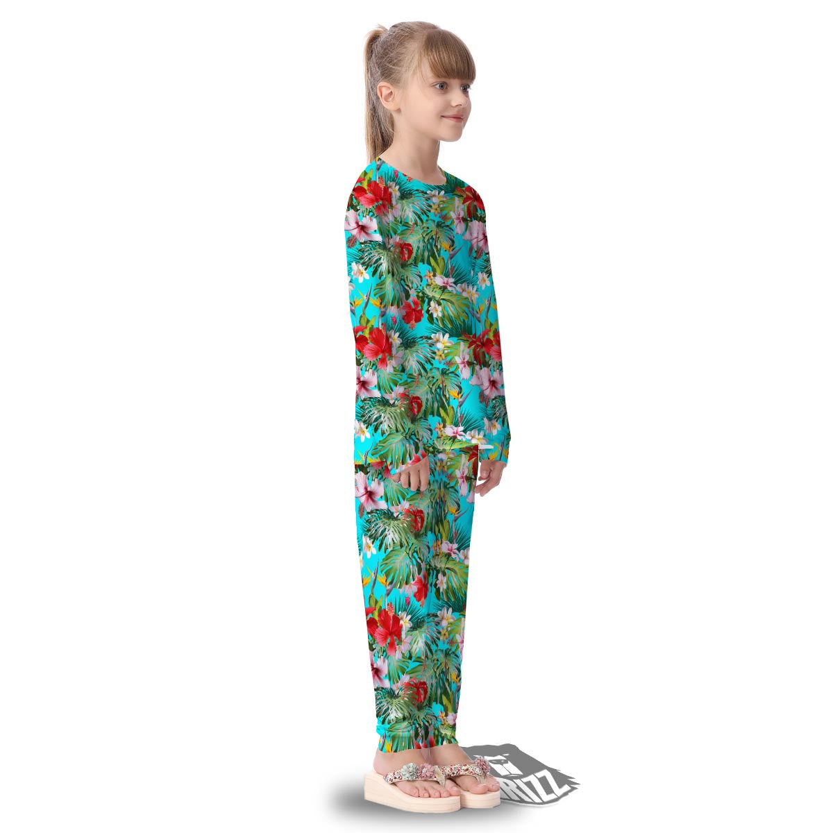 Plumeria Red Hibiscus Print Pattern Kid's Pajamas-grizzshop