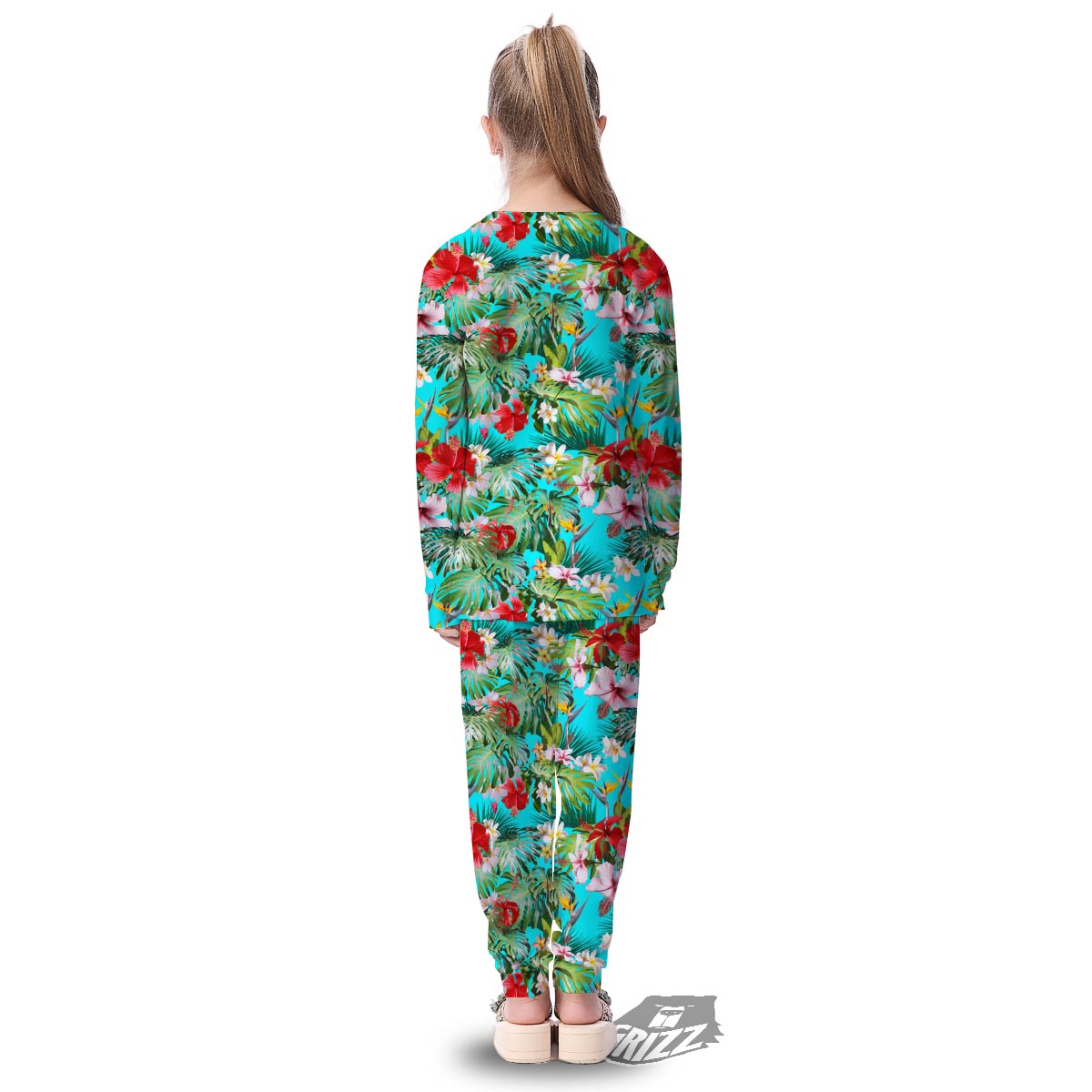 Plumeria Red Hibiscus Print Pattern Kid's Pajamas-grizzshop