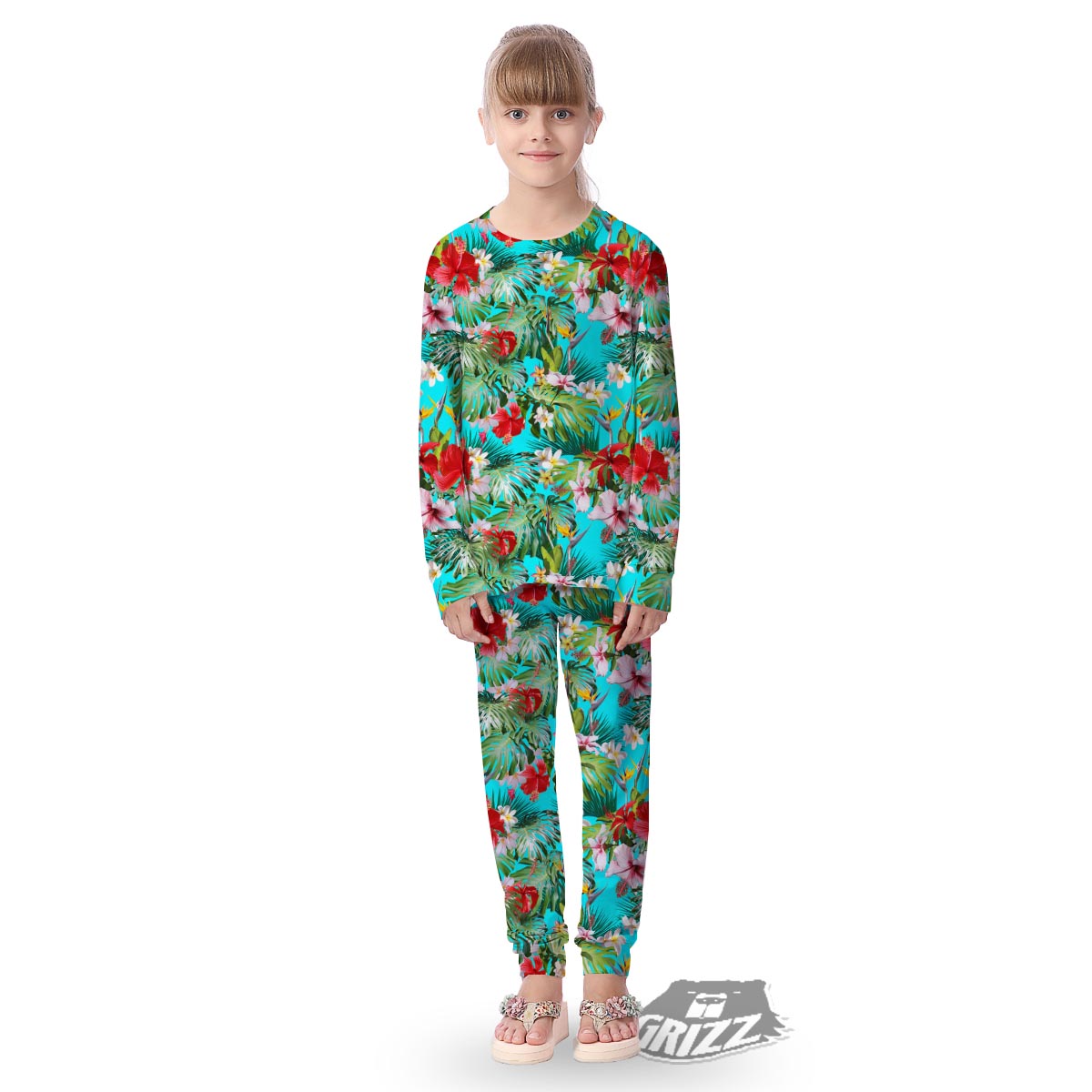 Plumeria Red Hibiscus Print Pattern Kid's Pajamas-grizzshop