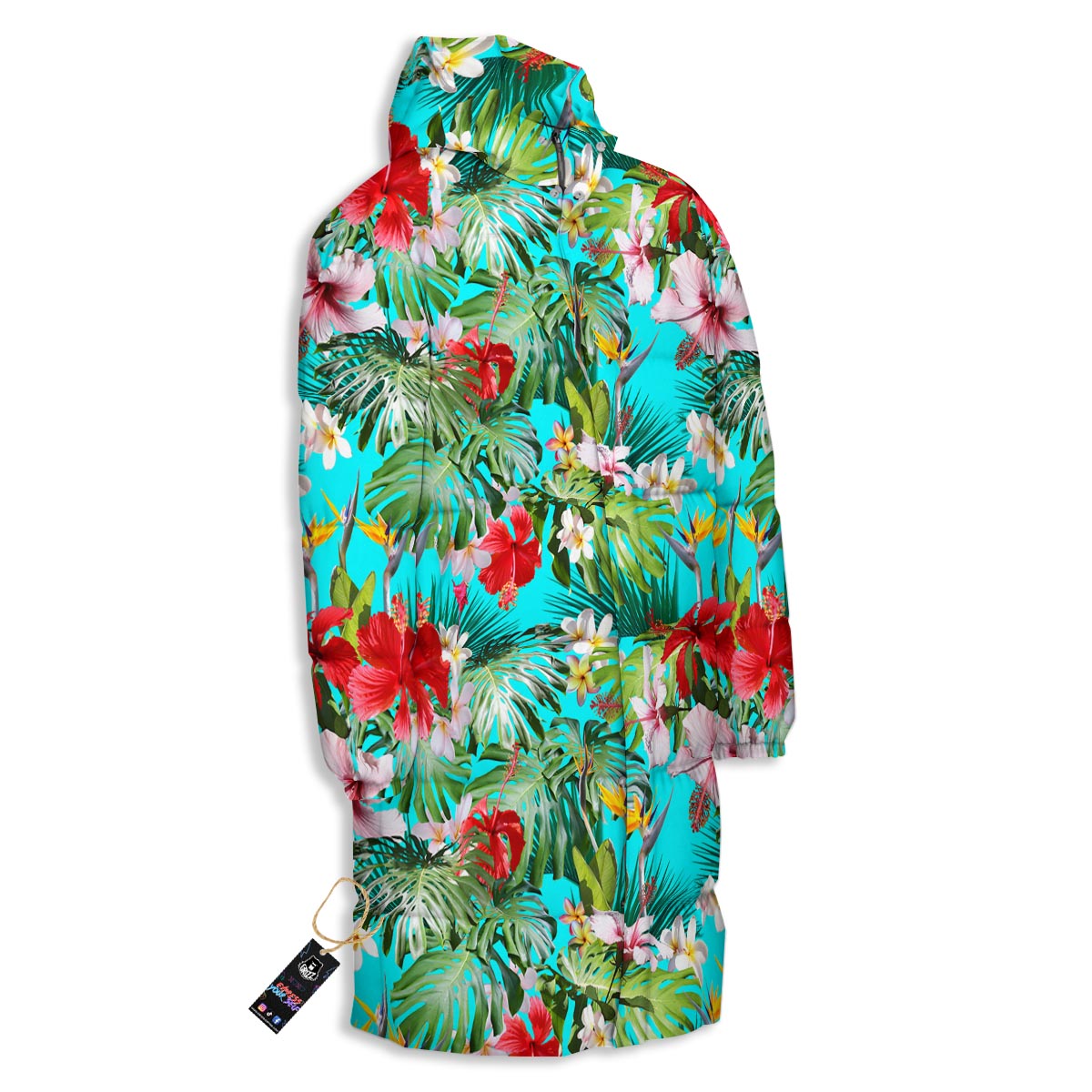 Plumeria Red Hibiscus Print Pattern Long Down Jacket-grizzshop