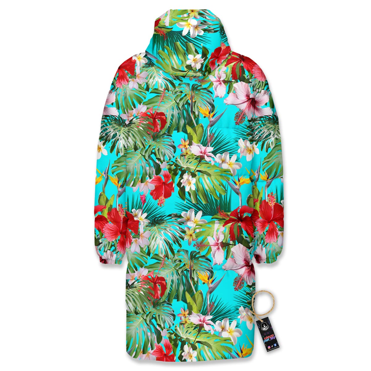 Plumeria Red Hibiscus Print Pattern Long Down Jacket-grizzshop