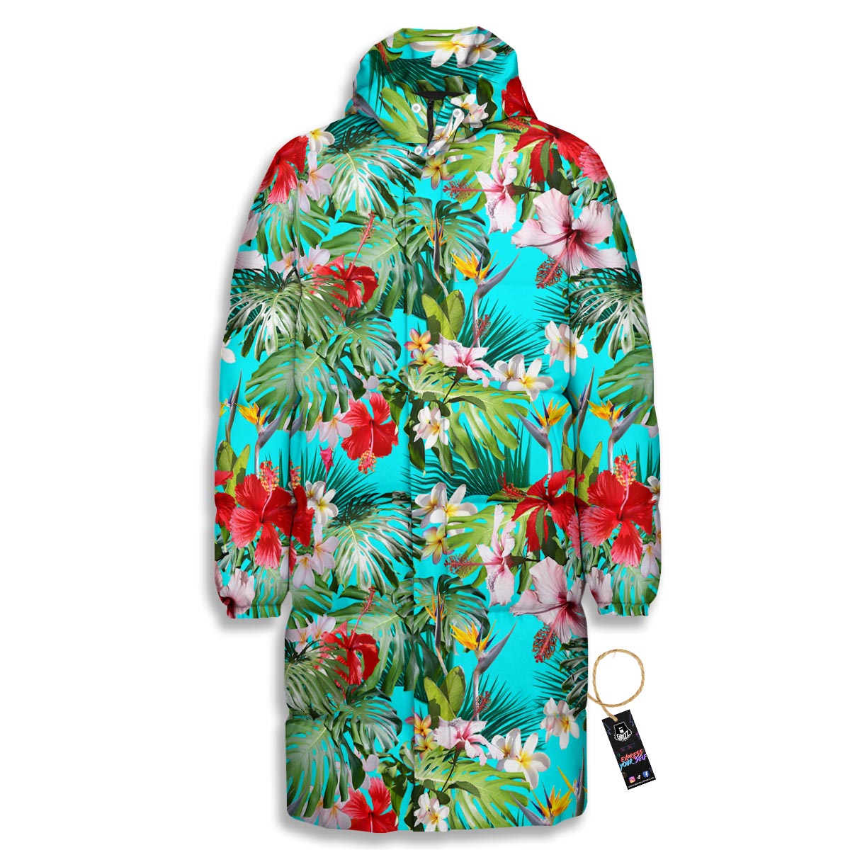 Plumeria Red Hibiscus Print Pattern Long Down Jacket-grizzshop