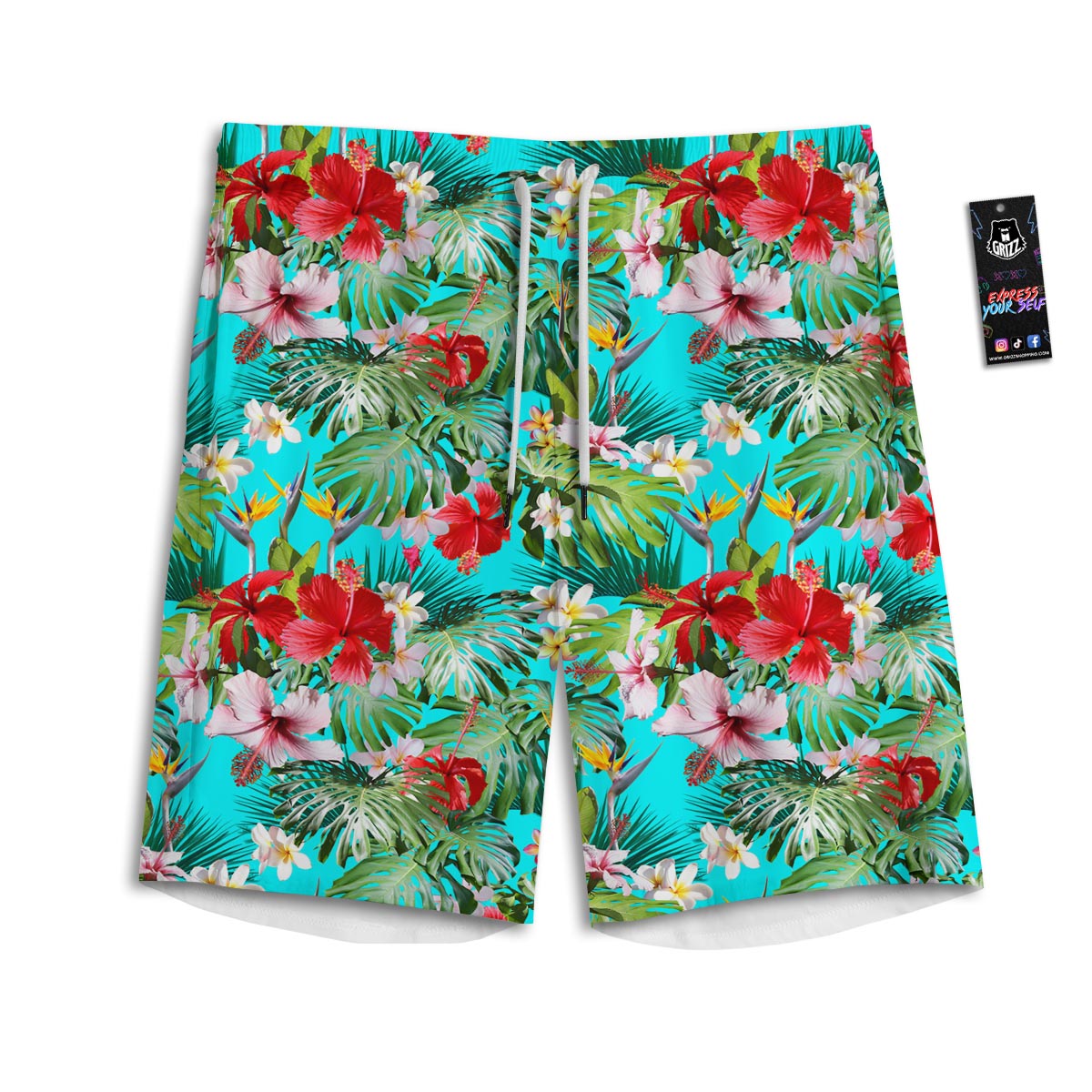 Plumeria Red Hibiscus Print Pattern Men's Athletic Shorts