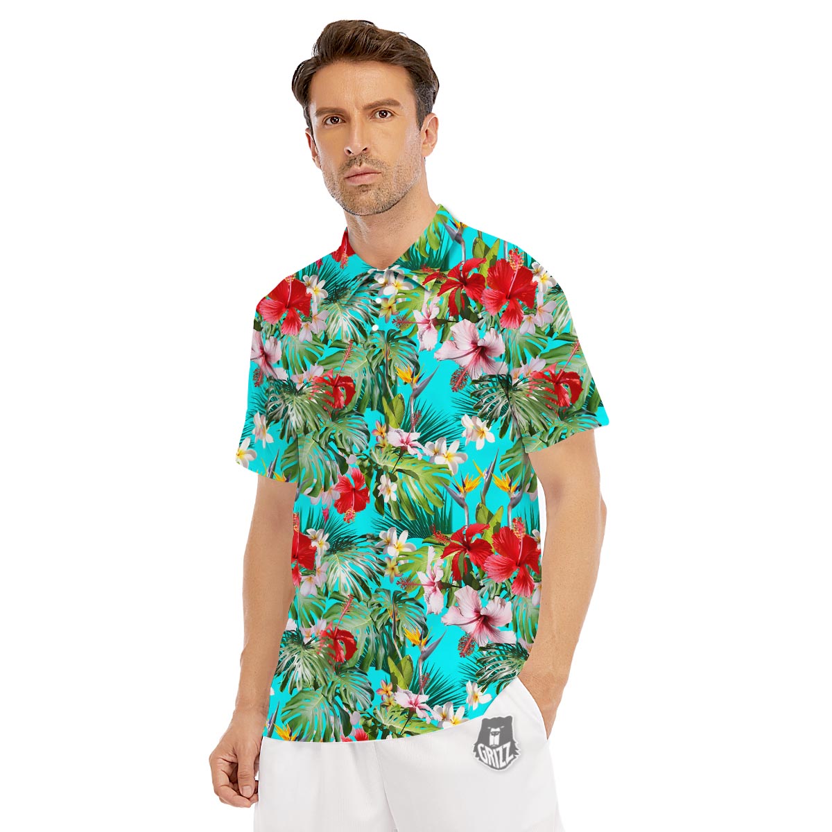 Plumeria Red Hibiscus Print Pattern Men's Golf Shirts-grizzshop
