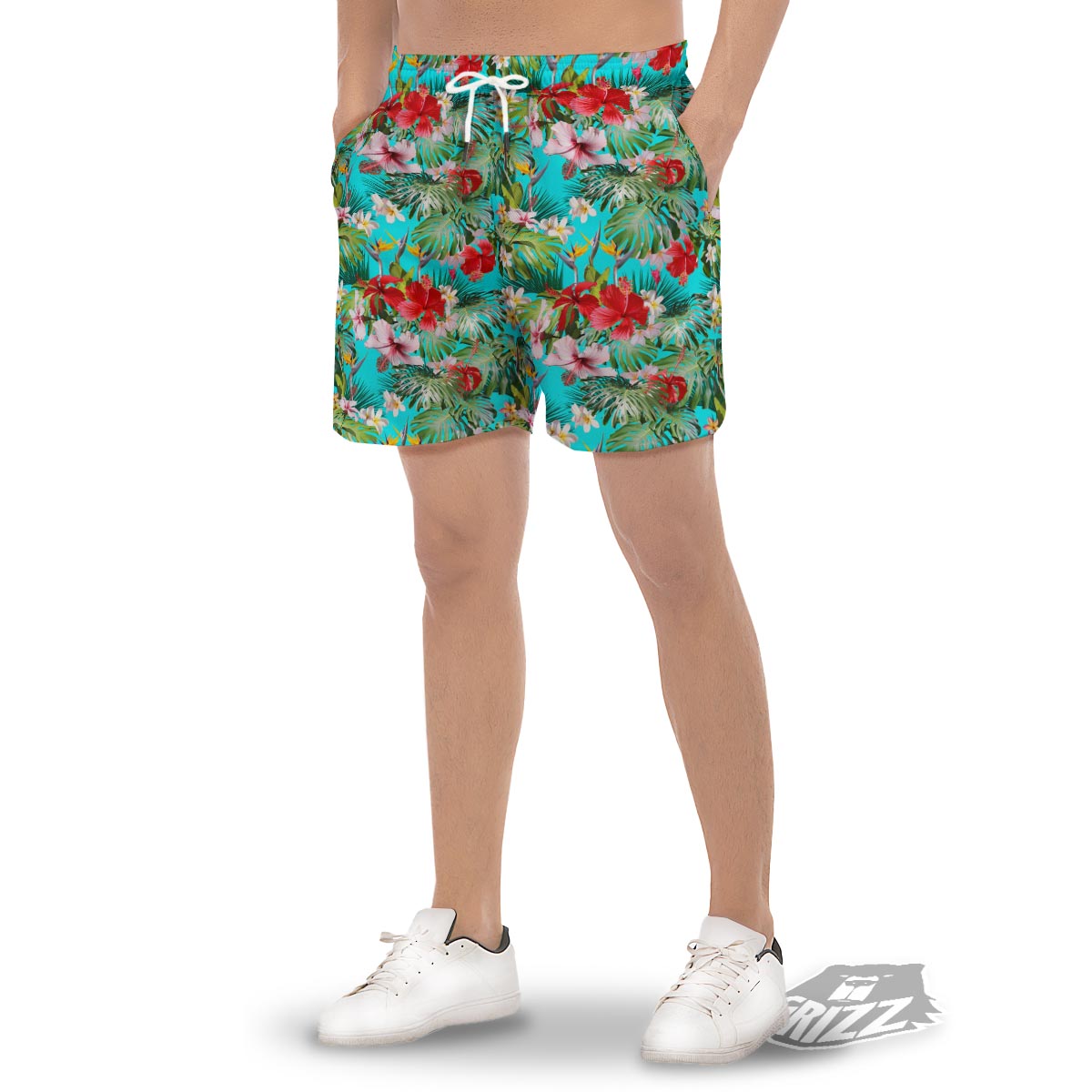 Plumeria Red Hibiscus Print Pattern Men's Gym Shorts-grizzshop
