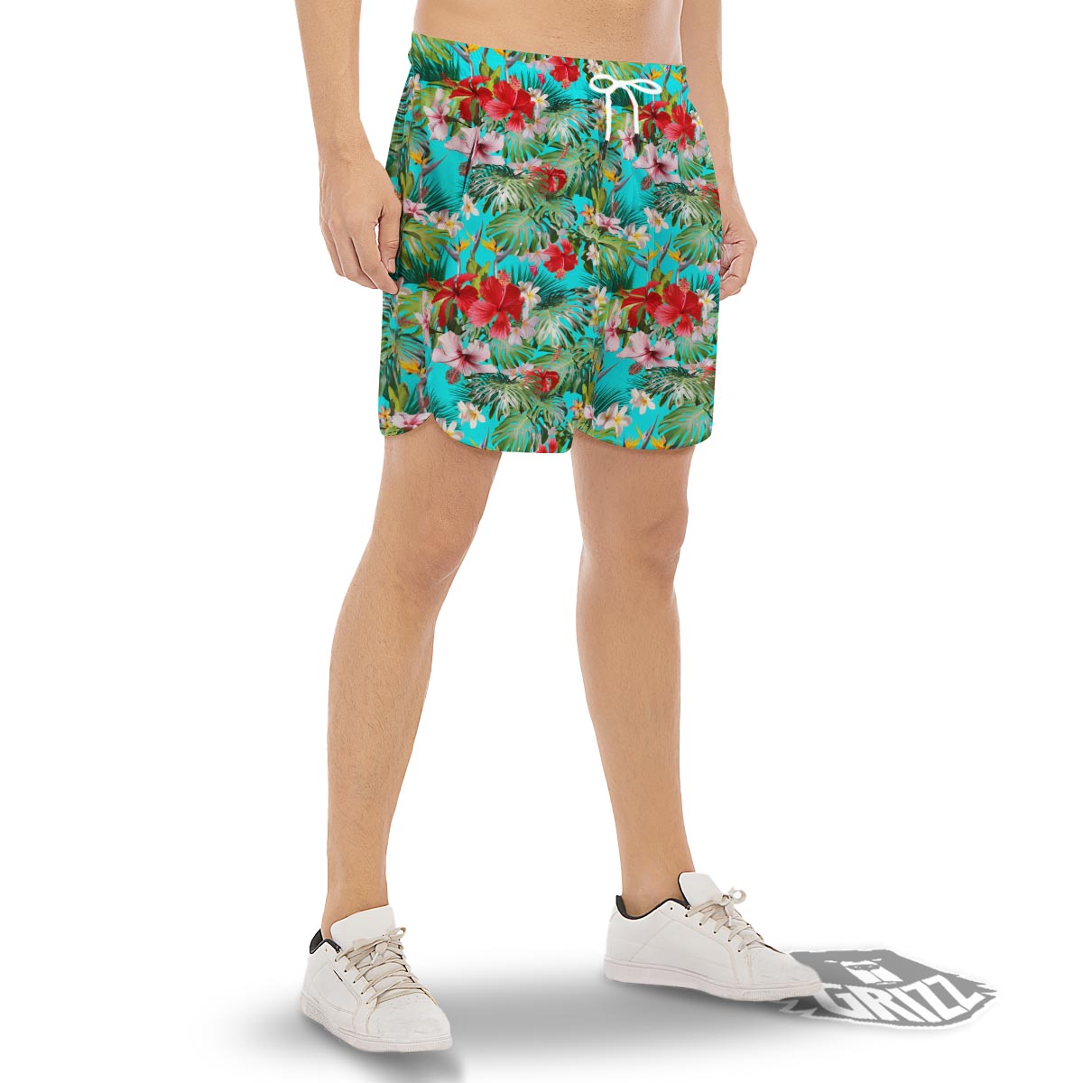 Plumeria Red Hibiscus Print Pattern Men's Gym Shorts-grizzshop