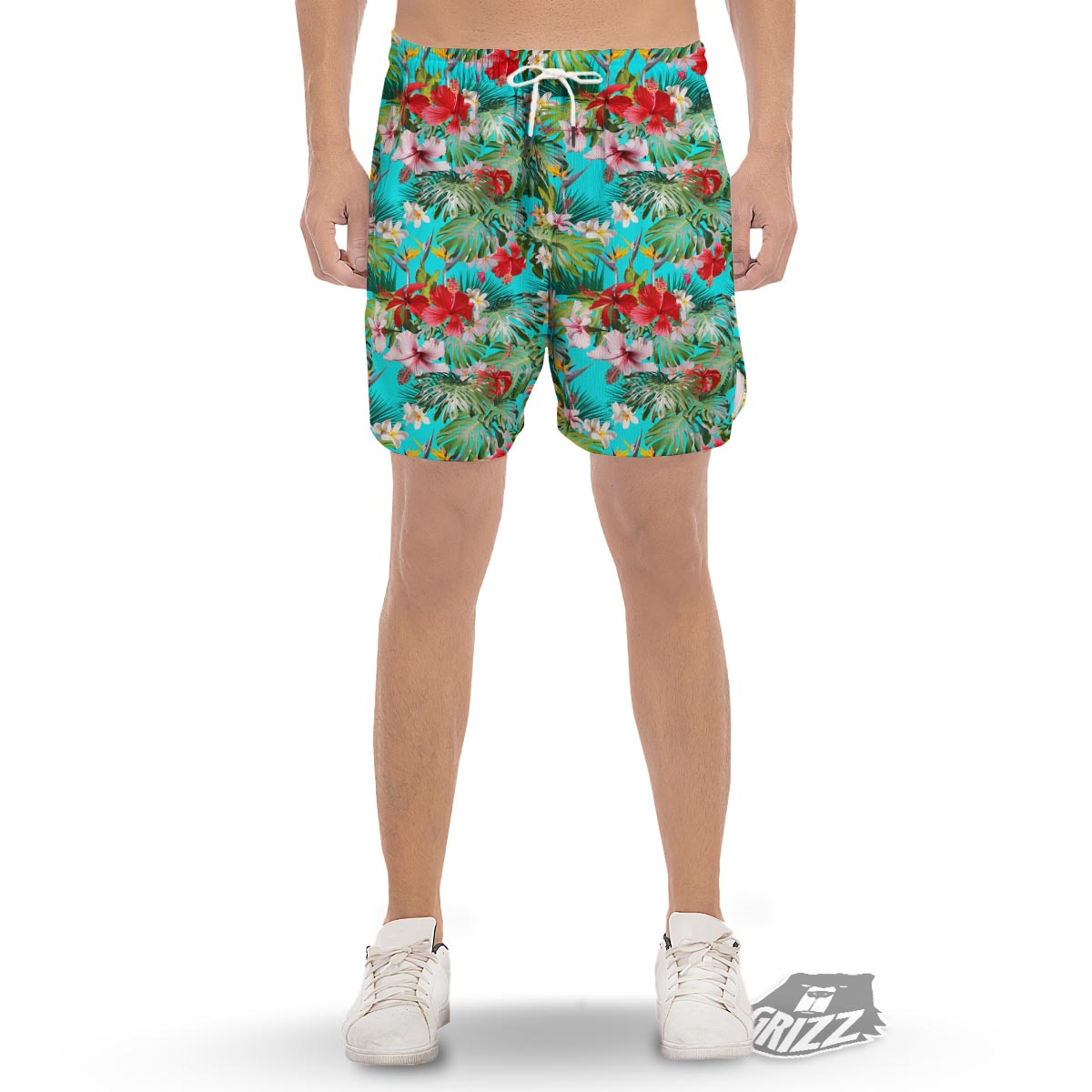 Plumeria Red Hibiscus Print Pattern Men's Gym Shorts-grizzshop