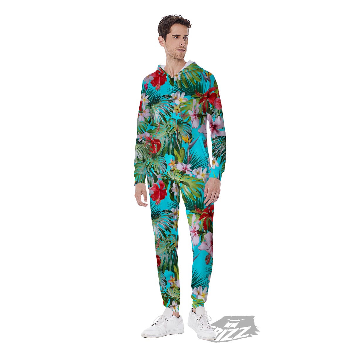 Plumeria Red Hibiscus Print Pattern Men's Jumpsuit-grizzshop