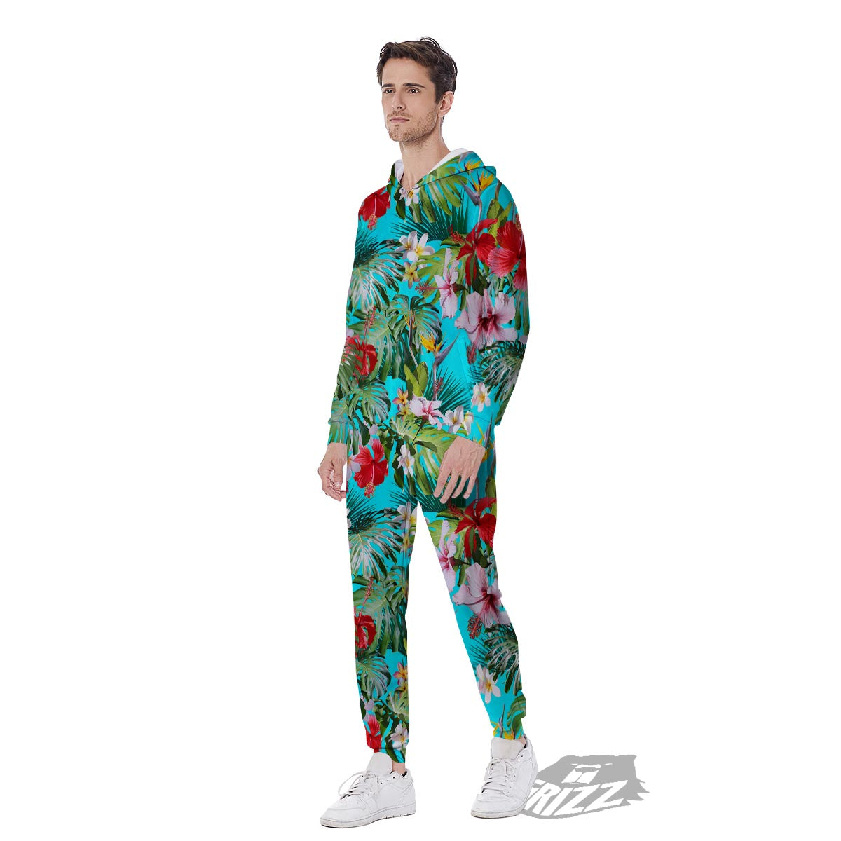 Plumeria Red Hibiscus Print Pattern Men's Jumpsuit-grizzshop
