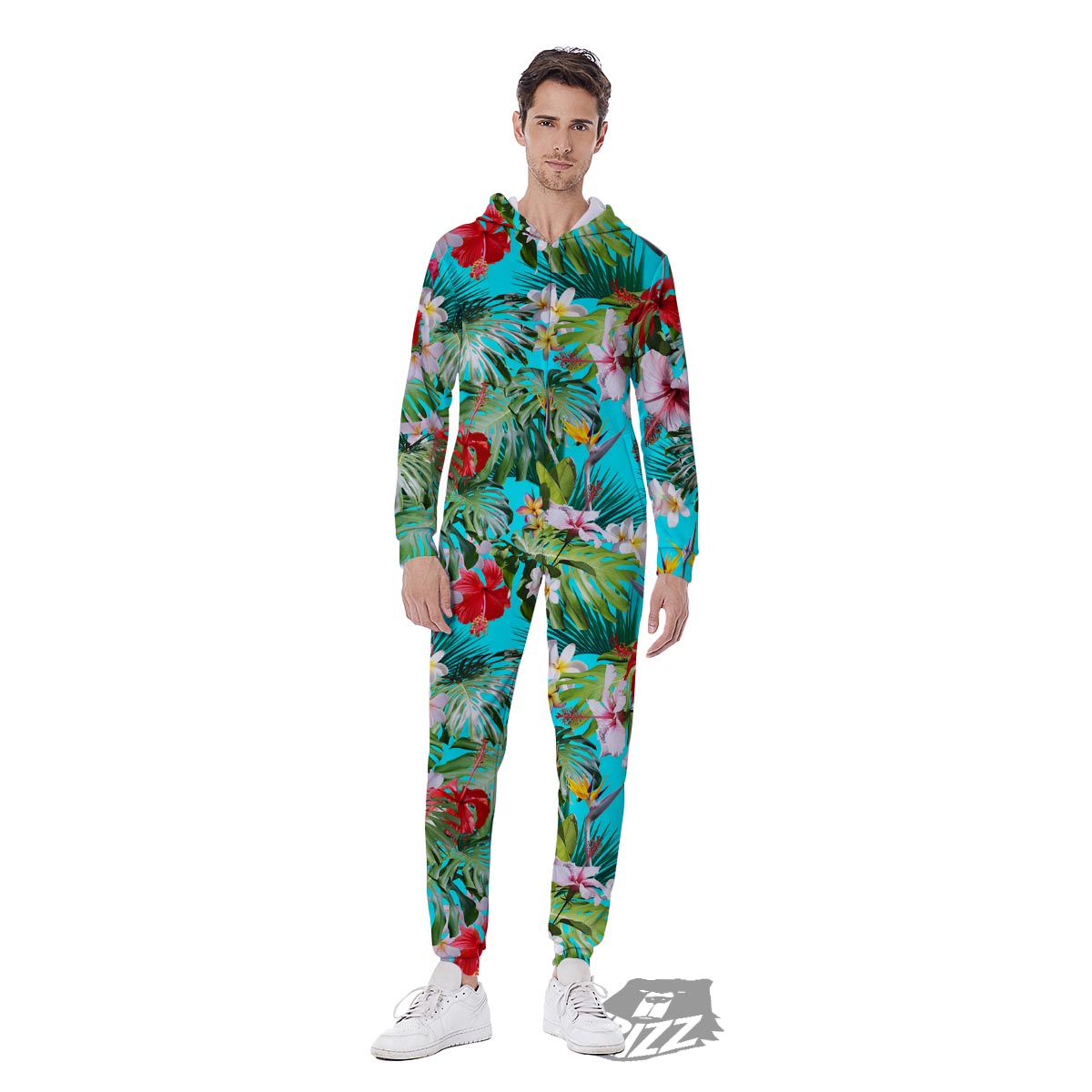 Plumeria Red Hibiscus Print Pattern Men's Jumpsuit-grizzshop