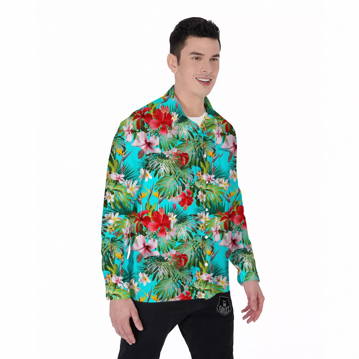 Plumeria Red Hibiscus Print Pattern Men's Long Sleeve Shirts-grizzshop