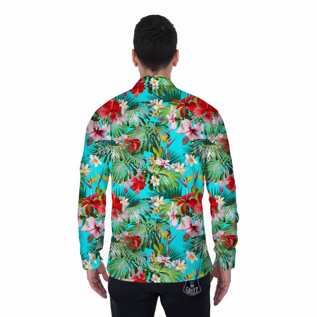 Plumeria Red Hibiscus Print Pattern Men's Long Sleeve Shirts-grizzshop