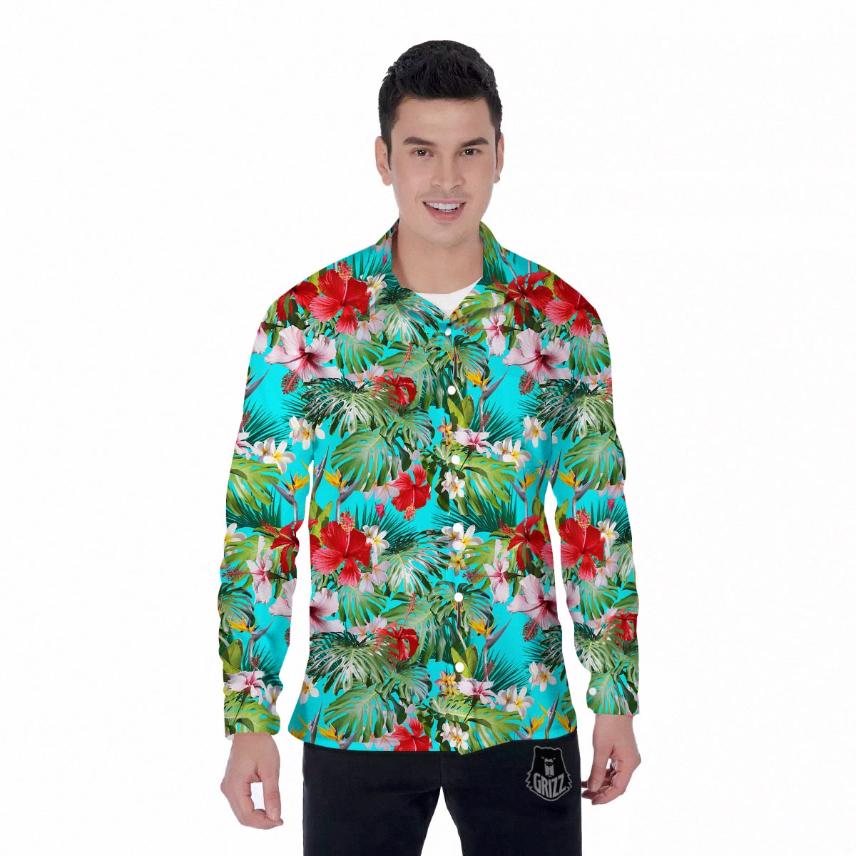Plumeria Red Hibiscus Print Pattern Men's Long Sleeve Shirts-grizzshop
