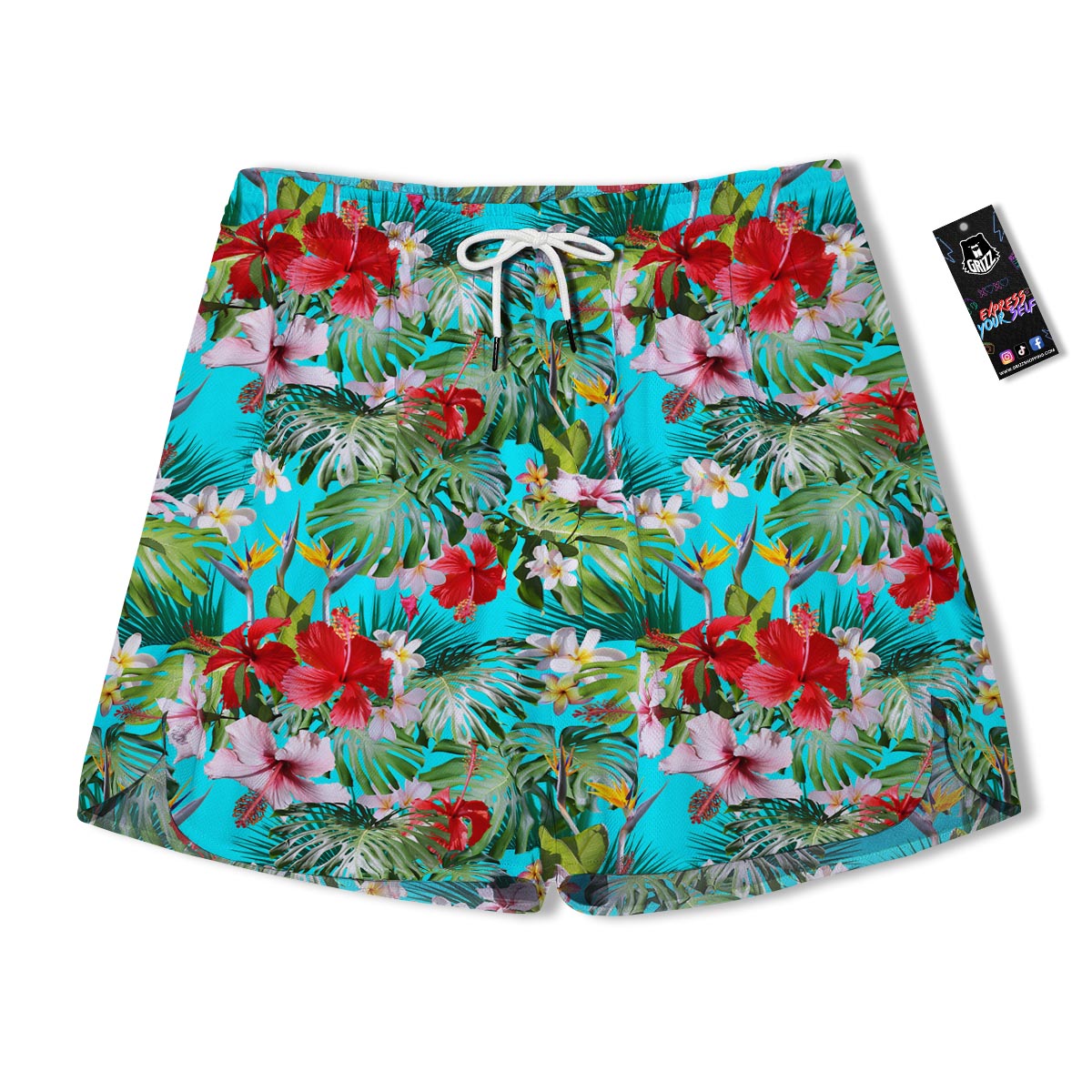 Plumeria Red Hibiscus Print Pattern Men's Running Shorts-grizzshop