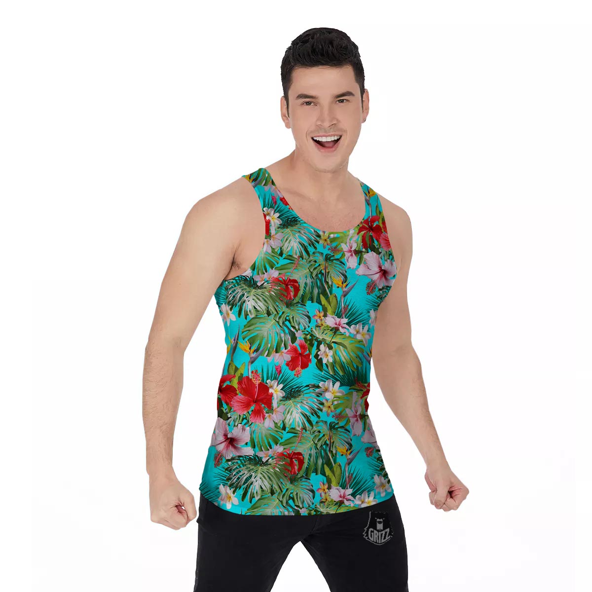 Plumeria Red Hibiscus Print Pattern Men's Tank Top-grizzshop