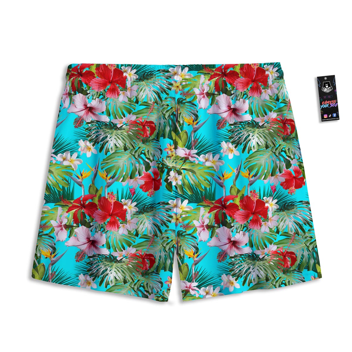 Plumeria Red Hibiscus Print Pattern Mesh Shorts