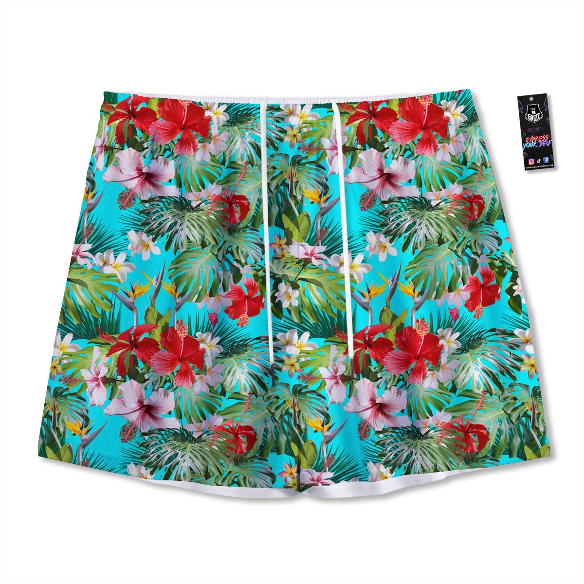Plumeria Red Hibiscus Print Pattern Mesh Shorts