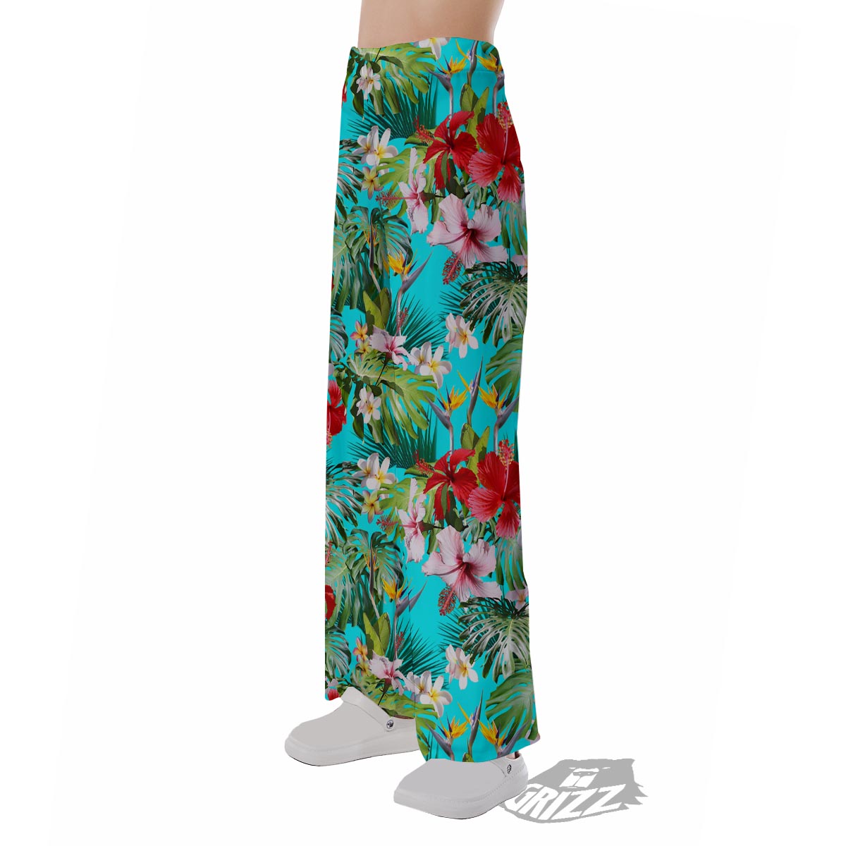 Plumeria Red Hibiscus Print Pattern Pajama Pants-grizzshop