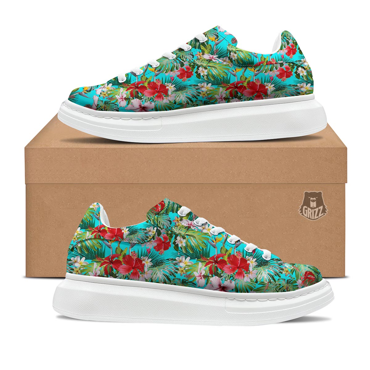 Plumeria Red Hibiscus Print Pattern Platform Shoes-grizzshop