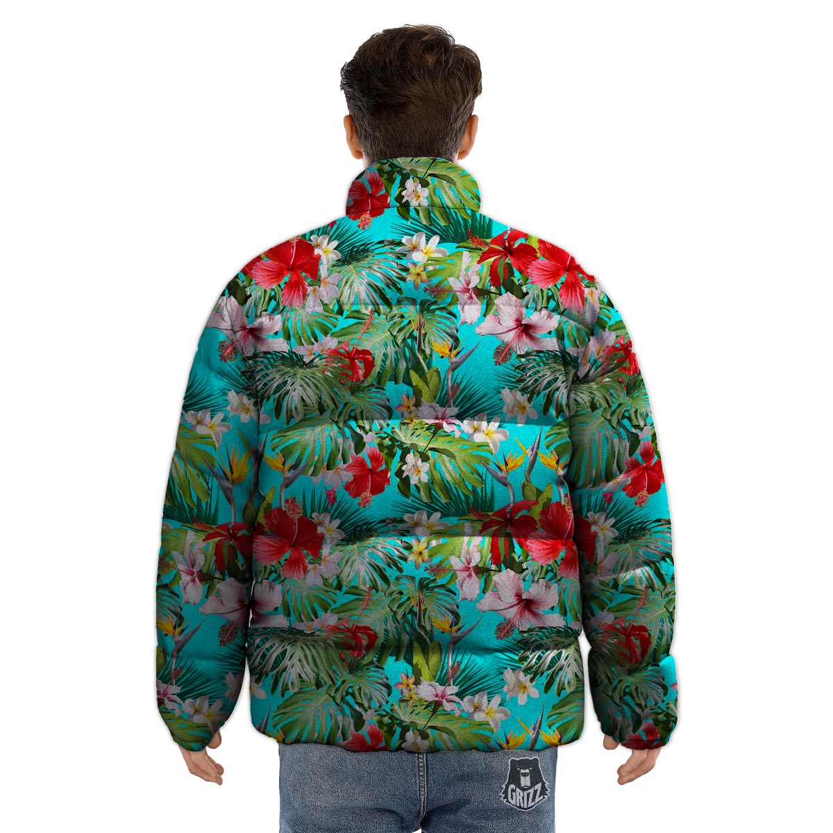 Plumeria Red Hibiscus Print Pattern Puffer Jacket-grizzshop