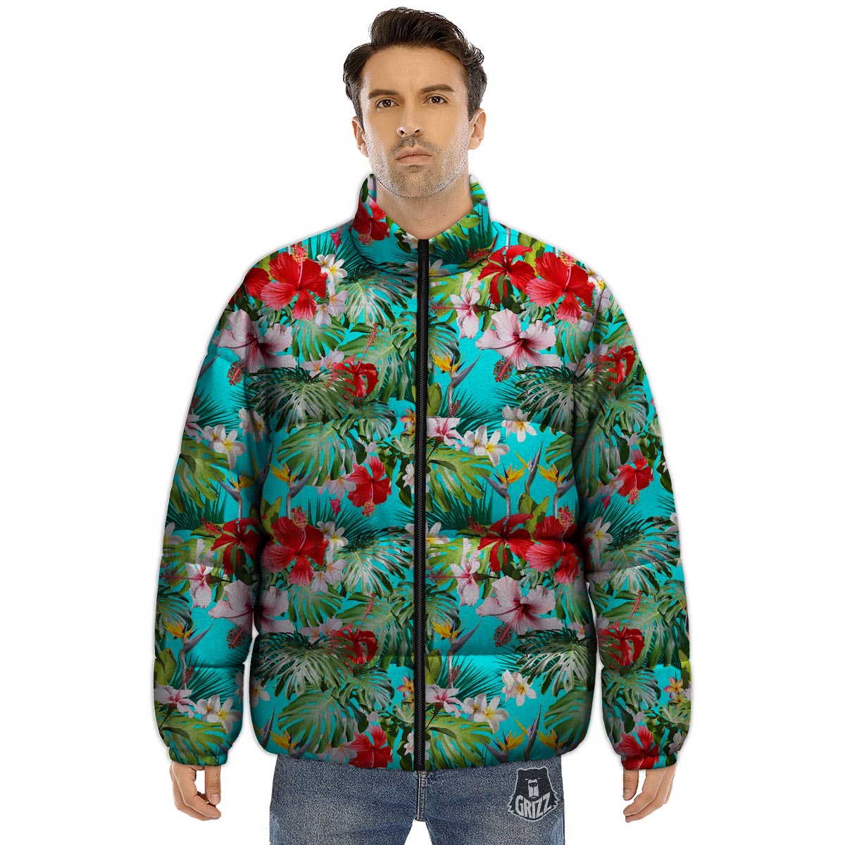 Plumeria Red Hibiscus Print Pattern Puffer Jacket-grizzshop