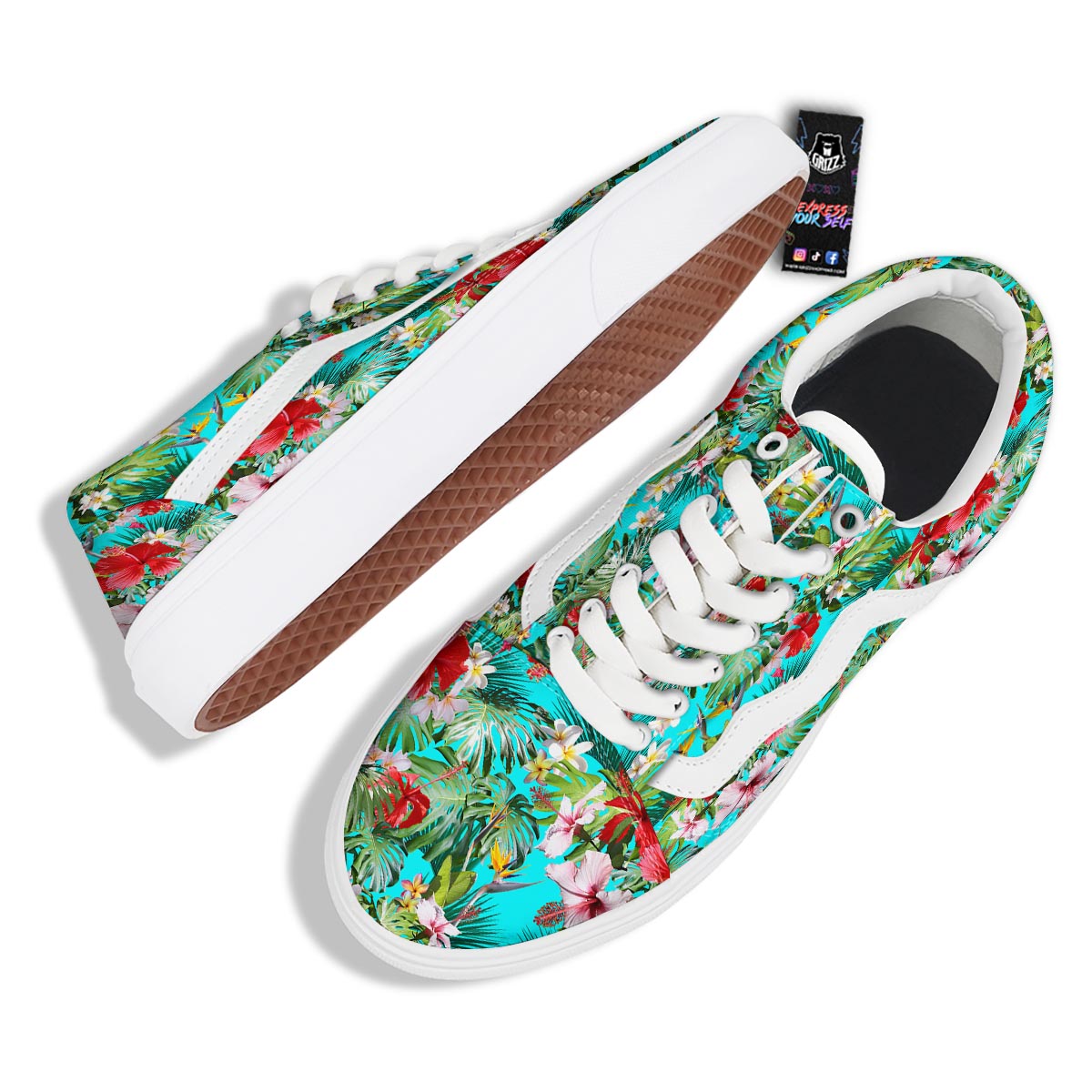 Plumeria Red Hibiscus Print Pattern Skate Shoes-grizzshop
