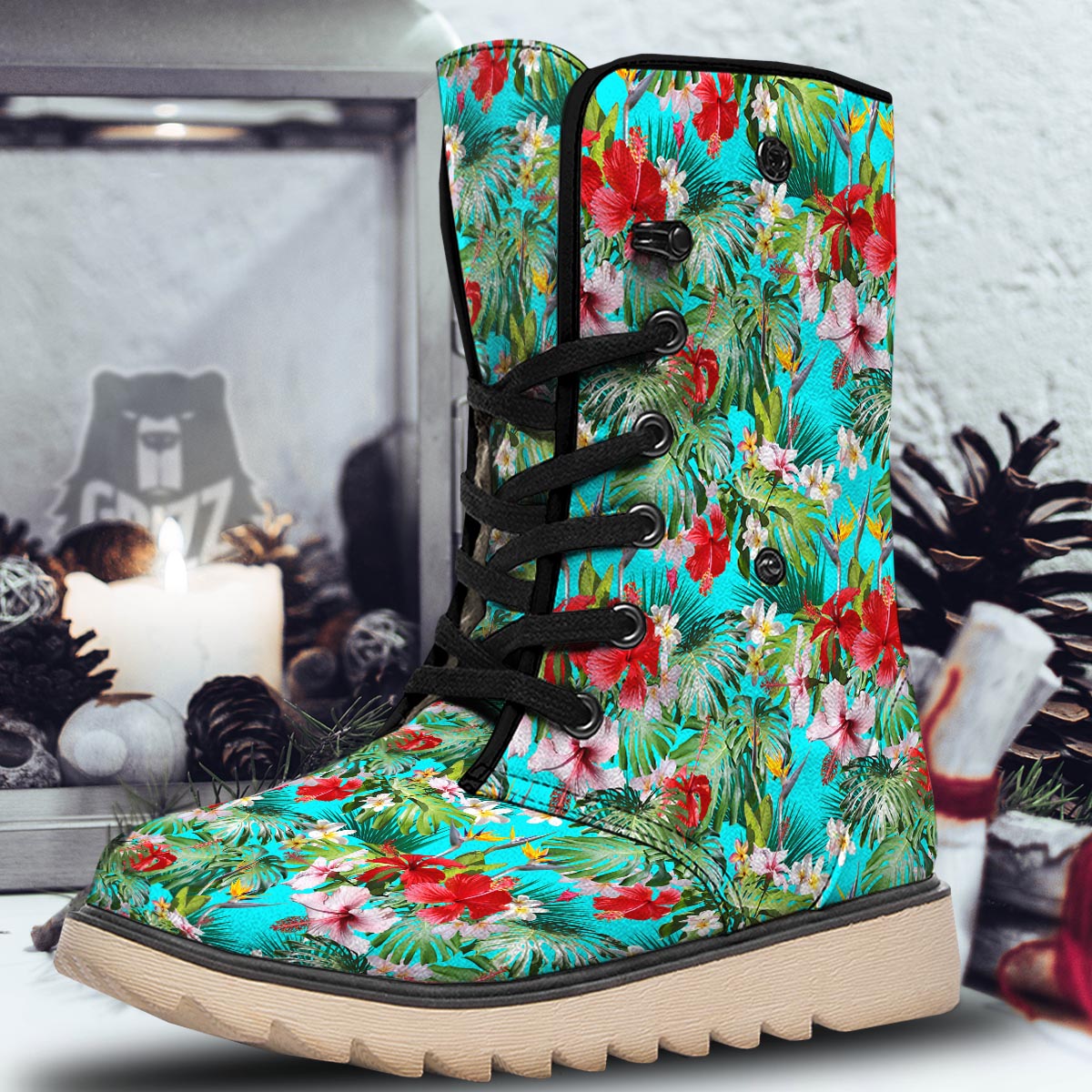 Plumeria Red Hibiscus Print Pattern Snow Boots-grizzshop
