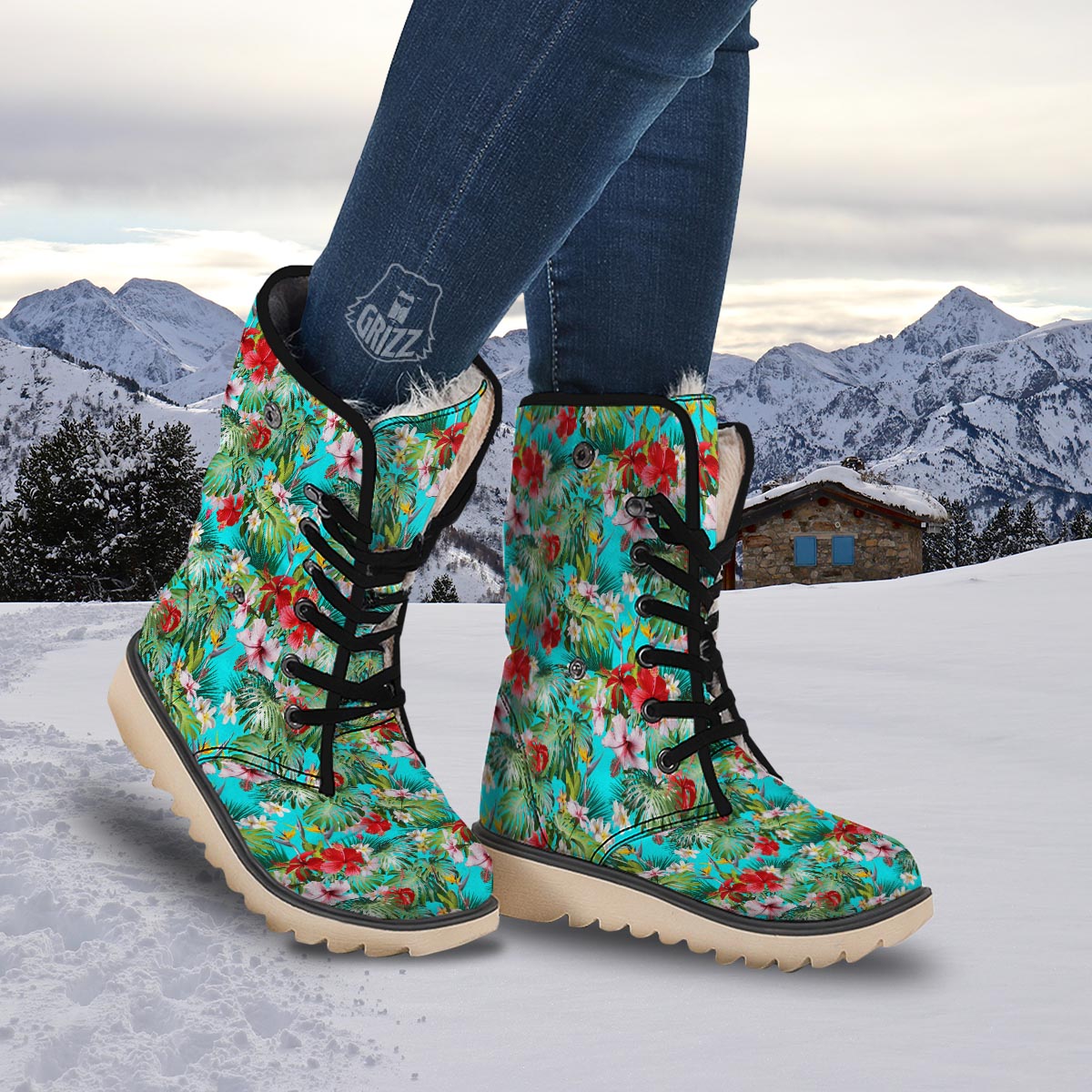 Plumeria Red Hibiscus Print Pattern Snow Boots-grizzshop